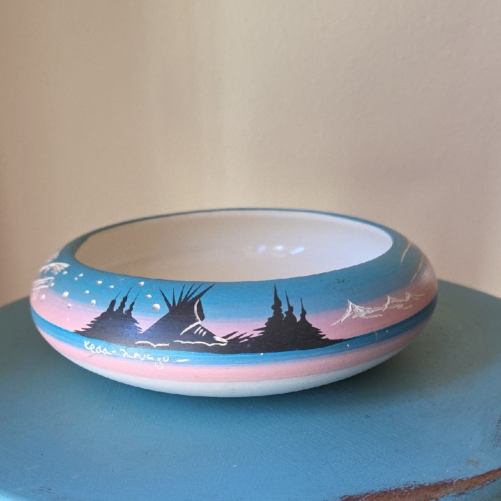 Handcrafted Ceramic Bowl with Blue and Pink Accents
